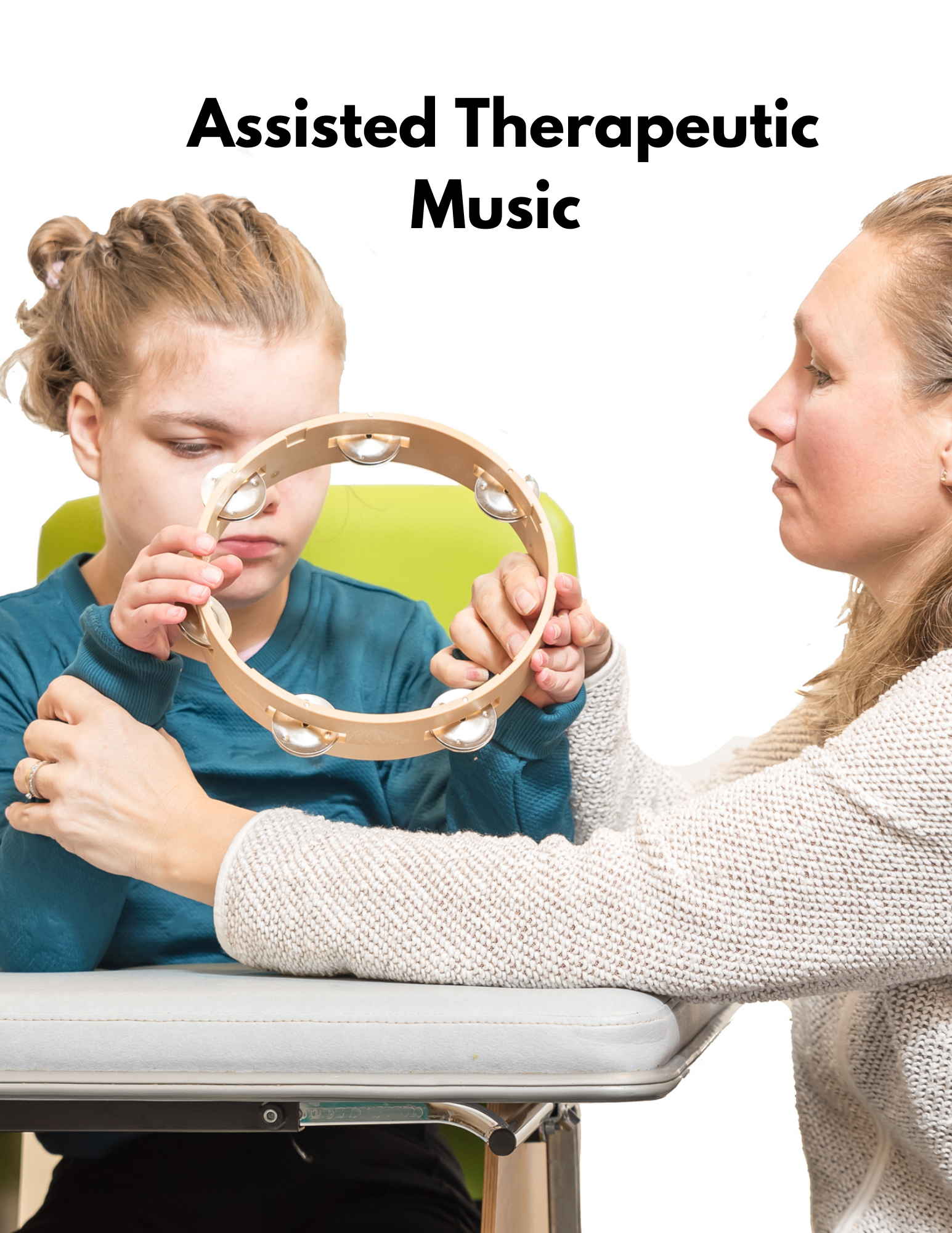 disabled child learning music with therapeutic adult.